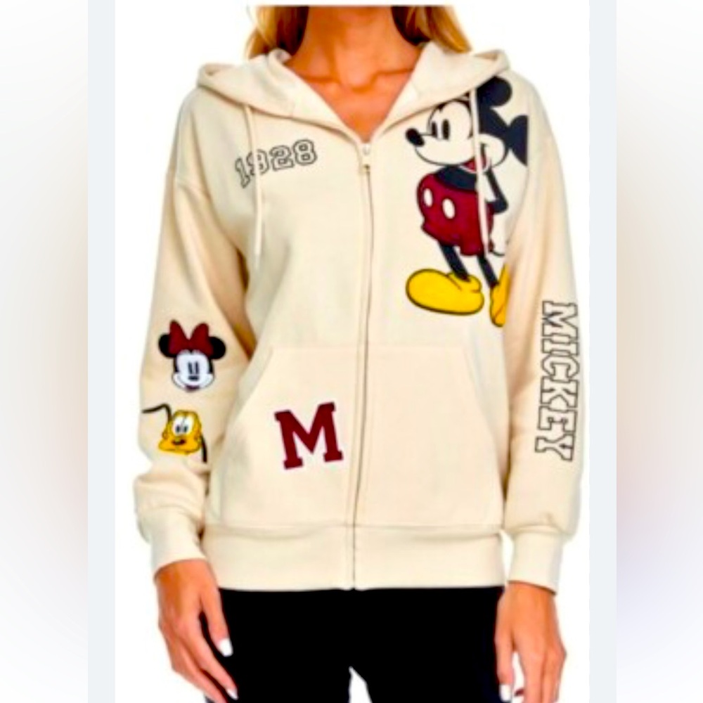 Disney Mickey Mouse Women's Full Zip Sweatshirt Hoodie Chenille Patches Size M
